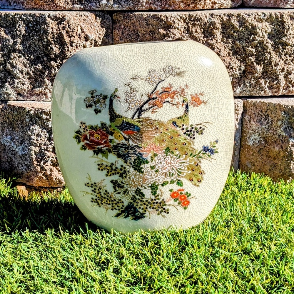 VTG Peacocks & Flowers Satsuma Ware Crackle Glaze Kagoshima Japanese Vase FAIR